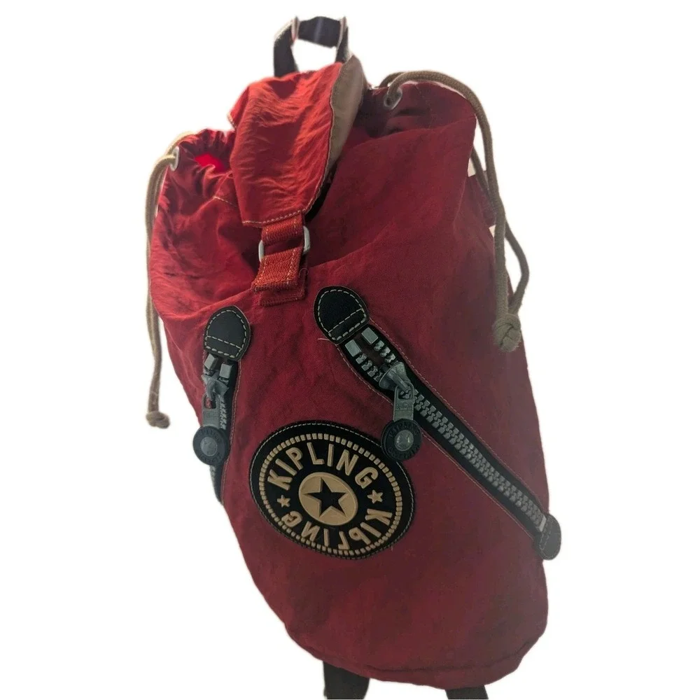 Kipling Red Nylon Drawstring Backpack Vintage Y2K Style Travel School Bag